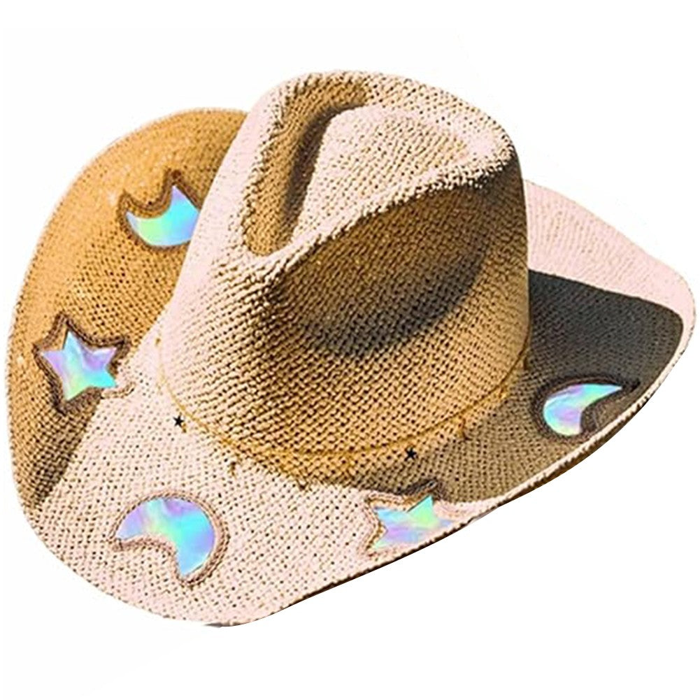 Suncatcher Cowgirl Straw Prism Hat Cowboy Hat Handmade Weave Women Straw Cap Wide Brim Women's Fashion Sun Hat for Summer Beach