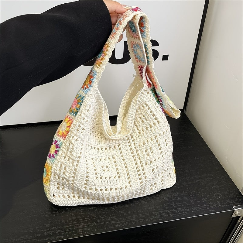 Women's Boho Crochet Bag Designer Flowers Knitted Handbags Large Capacity Summer Beach Woven Shoulder Bag Girls Tote Shopper Bag