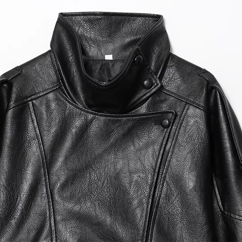 HXAO Faux Leather Jacket Coat Demi-Season Black Bomber Jacket Outerwears Long Sleeve Snap Button Cropped Motorcycle Jacket