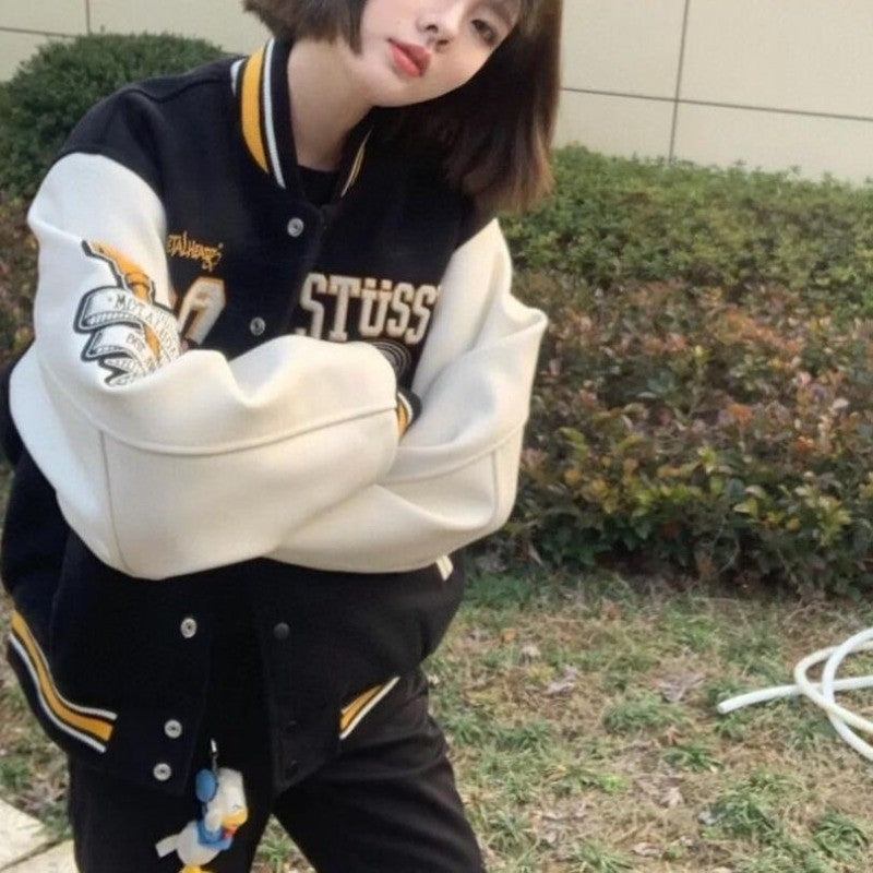 New Fashion Letter Pattern Flocking Embroidery Casual Jacket Women Y2K College Hip Hop Popular Couple Sport Baseball Uniform Top