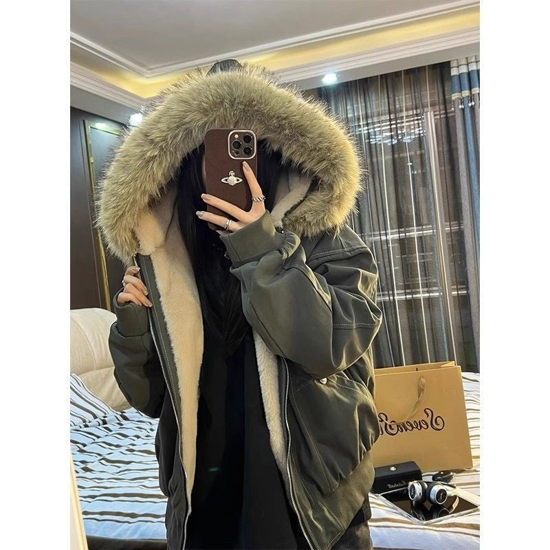 American Street Fur Collar Zipper Hooded Jacket Women Autumn Winter Retro New Velvet Thickened Warm Fashion Loose Casual Jacket
