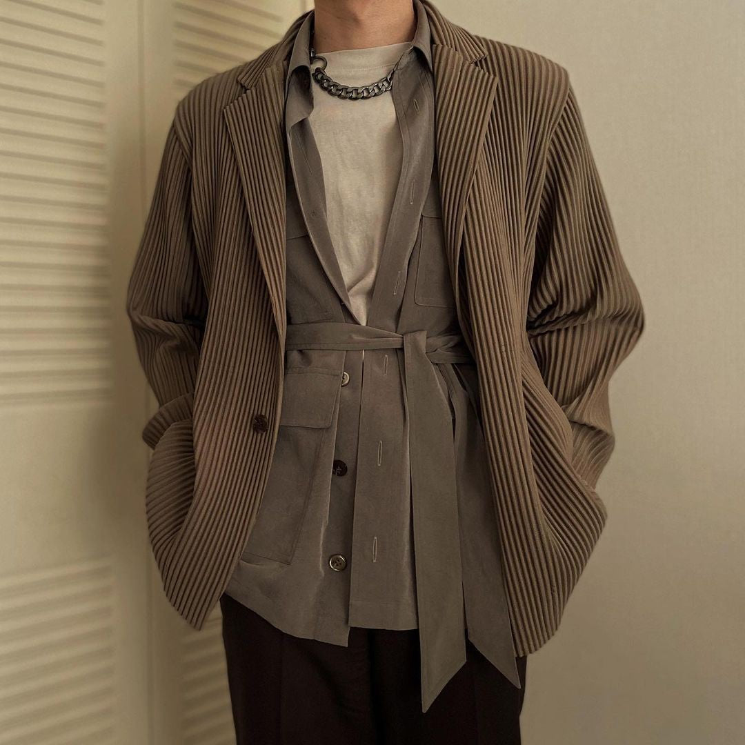 Miyake New 2025 Spring Suit Long Sleeve Pleated Pleated Men's Jacket Lapel Pleated Solid Color Fashion Loose Plisse Casual Top