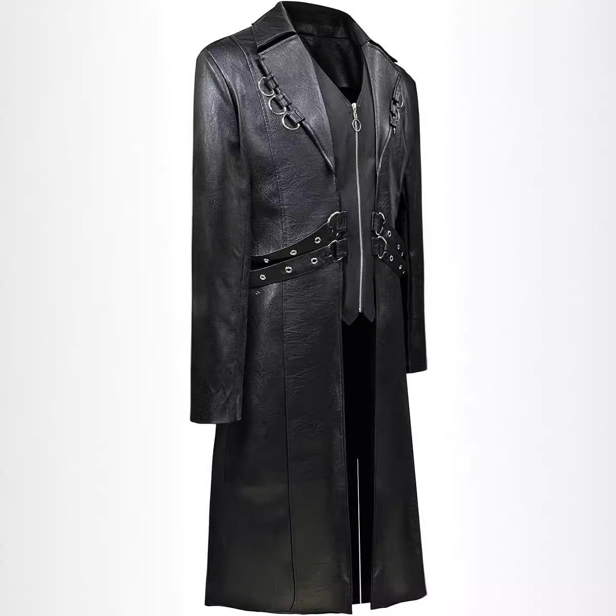 Men Steampunk Faux Leather Vintage Jacket Medieval Trench Coat Long Outwear Winter Gothic Windbreaker Motorcycle Halloween Stage