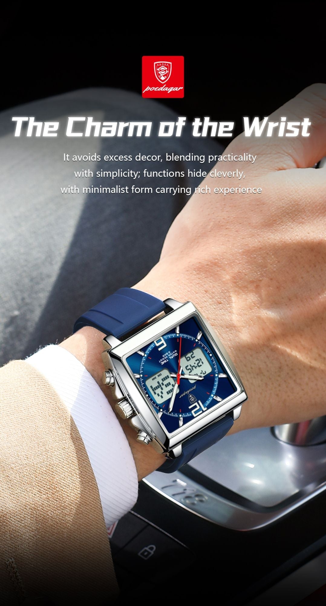 POEDAGAR Luxury Top Man Watch Electronic Square LED Alarm Chronograph Men's Watches Week Date Dual Time Display Men Quartz Clock