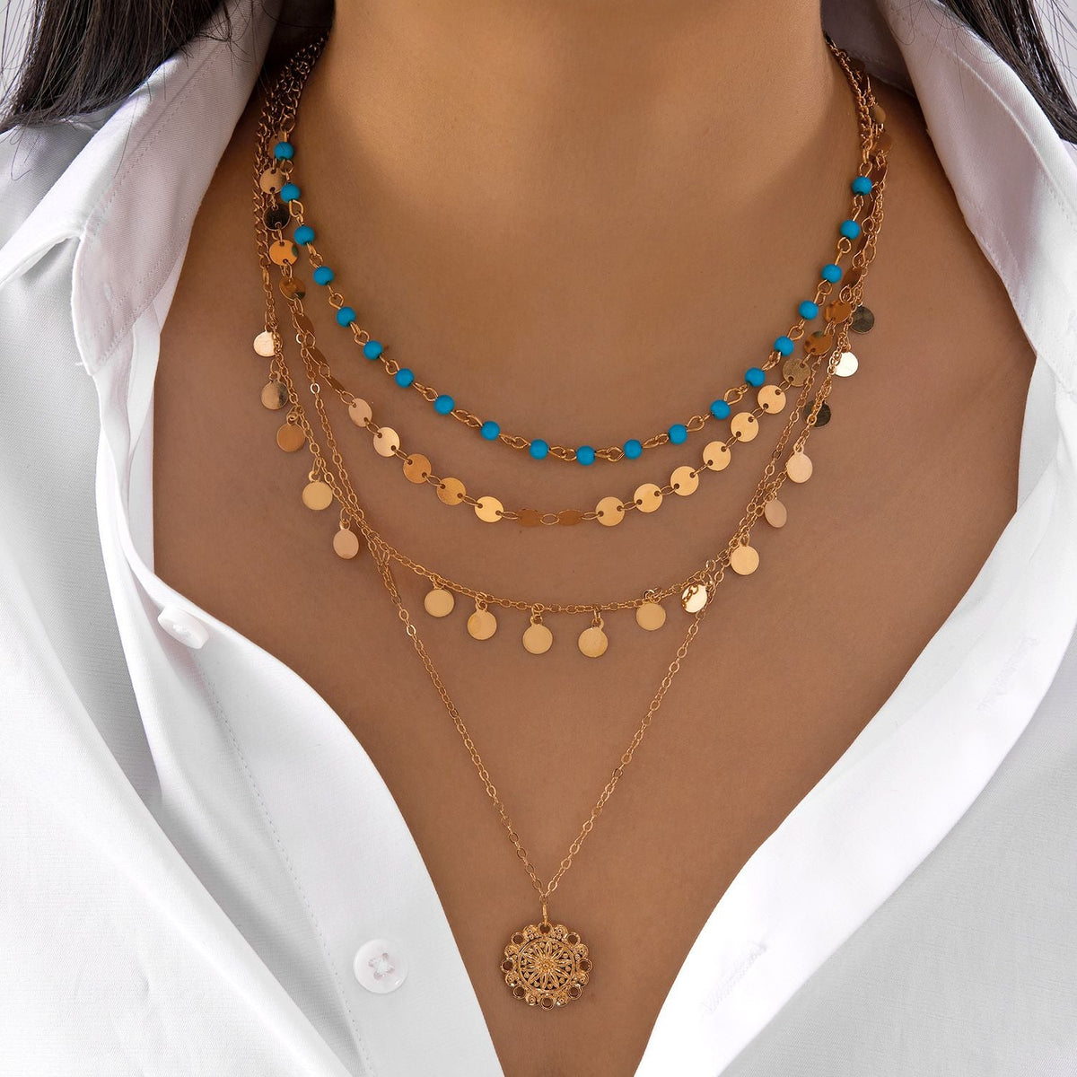 Classic Pendant Necklace for Women Micro Zircon Turkish Lucky Evil Eyes Palm Cross Pearl Multilayer Metal Chain Choker Jewelry