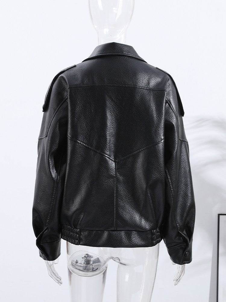 Street Stand Collar Women's Leather Jacket Loose Long Sleeve Zipper Pockets Chic Female Coats 2025 Autumn Winter Lady Outerwear