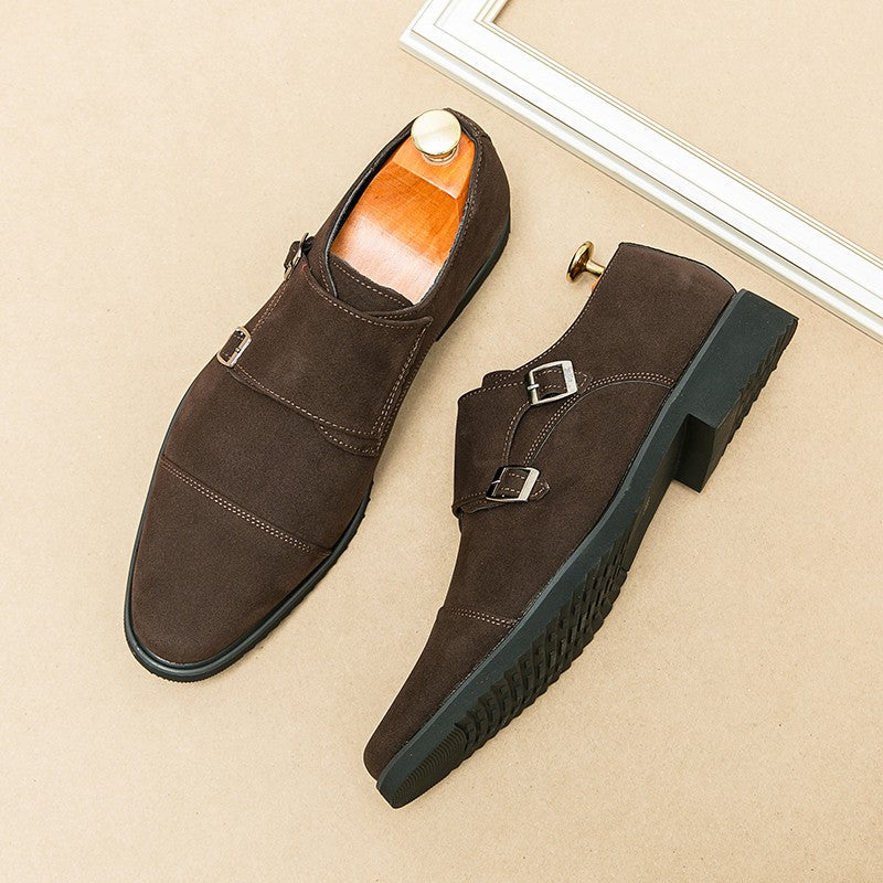 New Brown Loafers Flock Double Buckle Monk Shoes Black Square Toe Slip-On Business Men Dress Shoes Size 38-46 Free Shipping