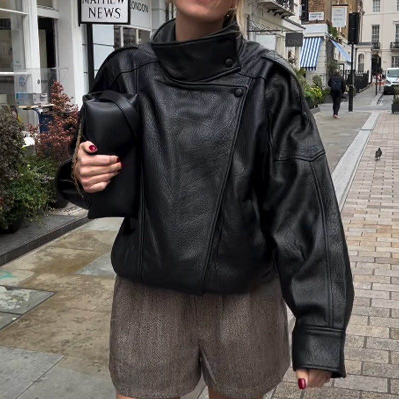 HXAO Faux Leather Jacket Coat Demi-Season Black Bomber Jacket Outerwears Long Sleeve Snap Button Cropped Motorcycle Jacket