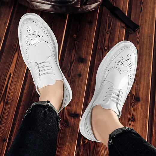 Fashion Derby Leather Men Shoes White Brogue Lace Up Solid Simple Dress Business Casual Party Wedding Flat Shoes For Man