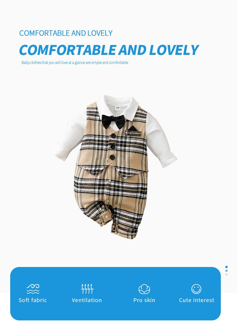 Newborn Baby Boy Clothes white baby onesie with khaki check print One-piece Vest gentleman's spring and autumn pajamas