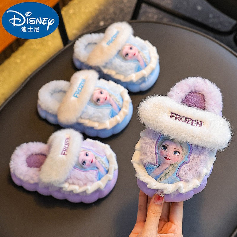 Disney Princess Elsa Winter Children's Cotton Home Slippers Frozen Girl's Snow Non Slip Warm Baby Slippers Pink Blue Size 26-35