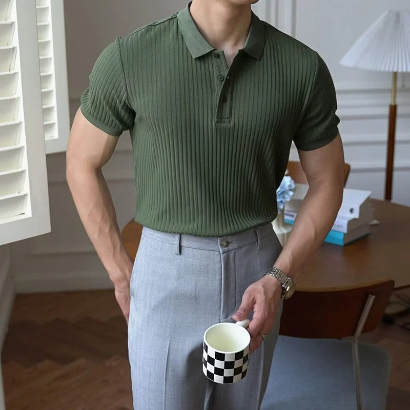 New Vertical Stripe Knit Polo Men's Shirts Summer Slim Solid Color Breathable Turn-Down Collar Business Short Sleeve Polo Tops