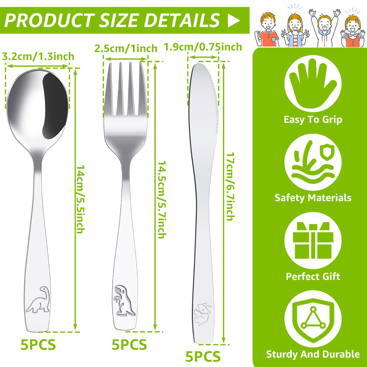 9/15Pcs Kids Silverware Set 410 Stainless Steel Kids Fork Spoon and Cutter Set Funny Dinosaur Flatware Set for Children Toddler