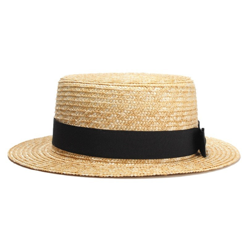 REHOOS Natural Wheat Straw Boater Fedora Top Flat Hat Women Summer Beach Flat Brim Cap Bowknot Ribbon For Holiday Party