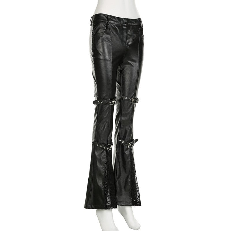 PU Leather Flare Pant Goth Buckle Lace Patchwork Pants Women Fashion Y2K Streetwear Vintage Aesthetics Casual Pants Trousers