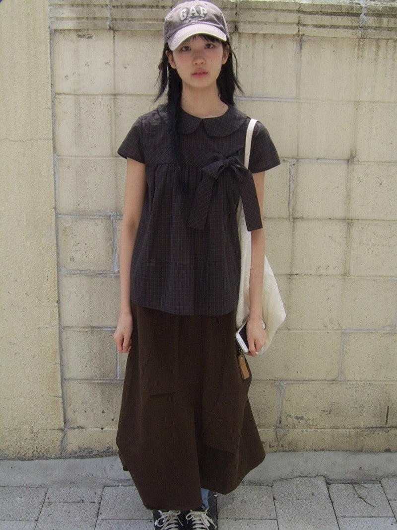 Vintage Plaid Shirts Women Japanese Harajuku Bow Peter Pan Collar Blouses Summer Korean Aesthetic Short Sleeve Casual Tops New