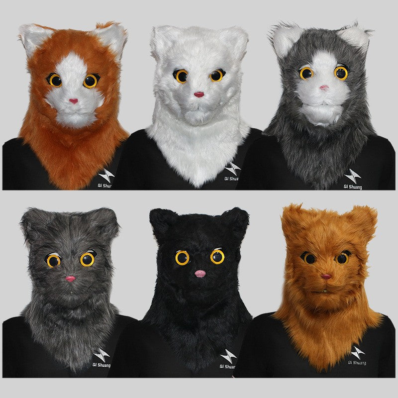 Movable Mouth Cat Head Mask Animal Latex Cute Helmet Artificial Fur for Halloween Costumes Party Props Adult Size