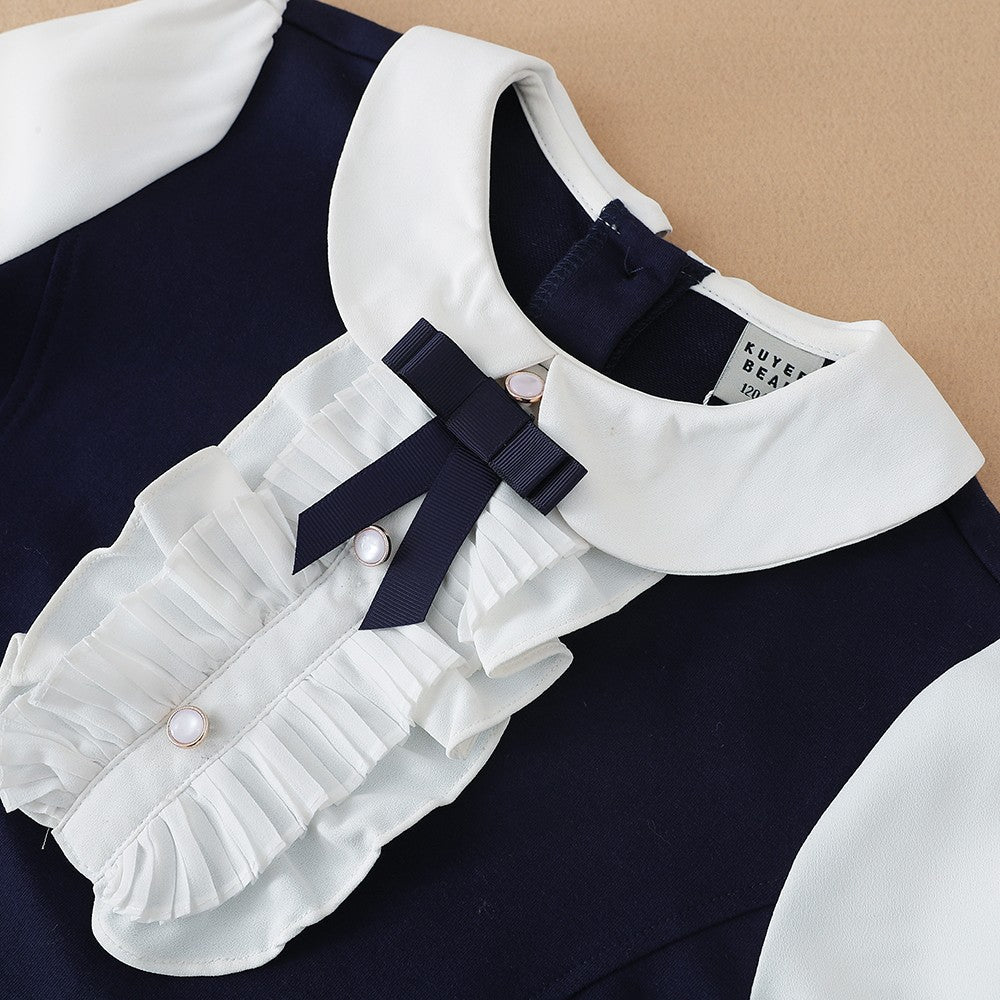 Girls Dresses 2025 Preppy Style Dresses Kids Ruffle Collar Long Sleeved Clothes Children Dresses with Bow for 5-12 Years