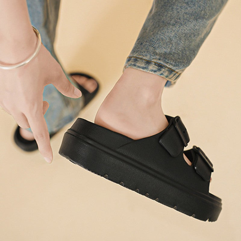 Bebealy Summer Breathable Soft-soled Beach Shoes Women Outdoor Double Buckle Embellished Sandals Non-slip Thick Sole Slippers