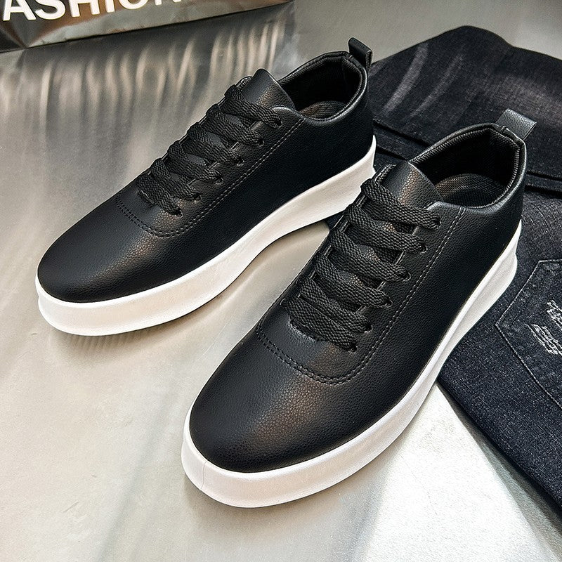 Fashion Thick Sole Black White Soft Men Leather Shoes Platform Men Casual Board Shoes Walking Sport Shoes Lightweight Work Shoes