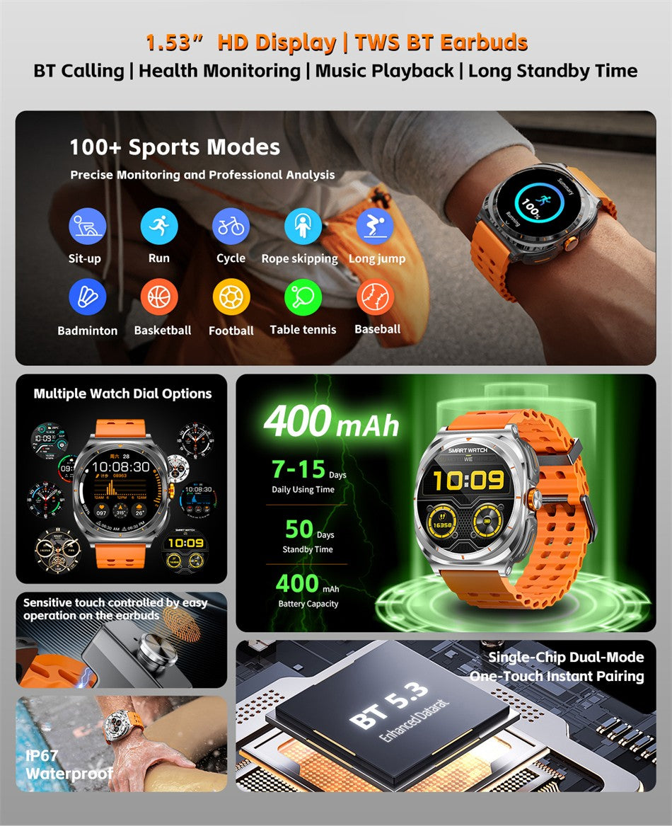 Bluetooth Call IP68 Waterproof 2025 New Upgraded 2-in-1 TWS Bluetooth Earphones Smart Watch For Men and Women Sports Smartwatch