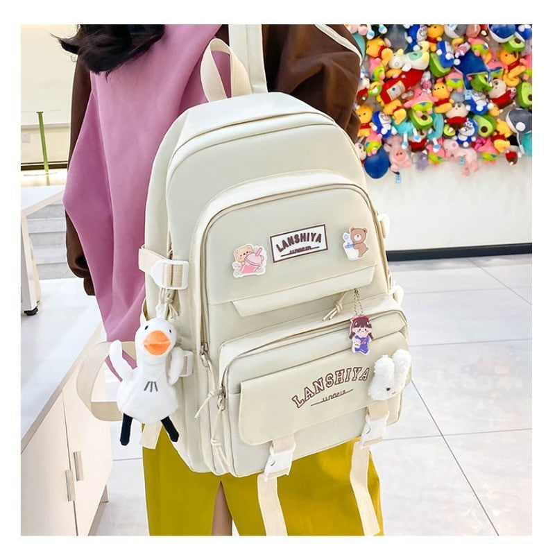 5-piece Set of Free Pendants Forest Style Korean Version Casual Harajuku Student Backpack for High School Girls Large Capacity