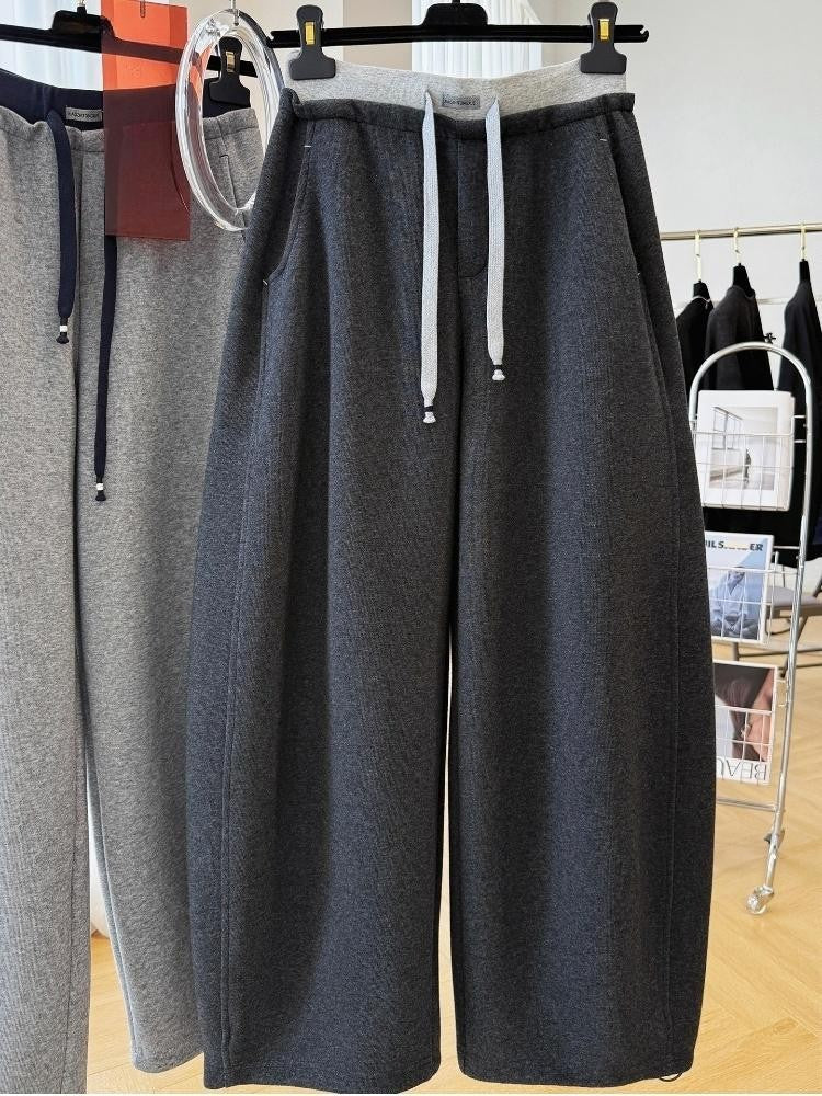 Patchwork Drawstring High Waist Wide Leg Pants for Women Spring and Autumn Curved Hem Trousers