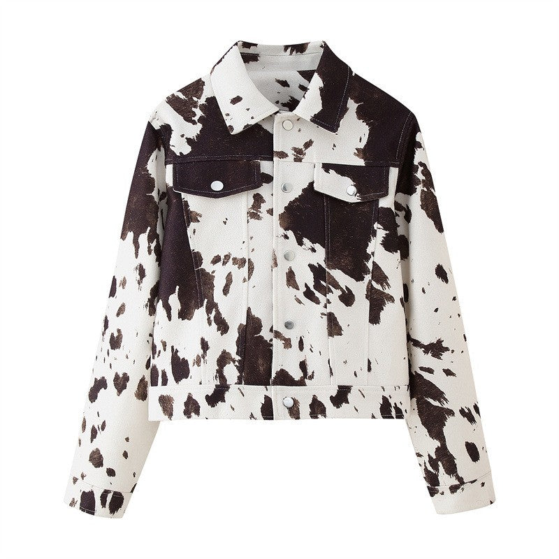 Fashion Women's Cow Print Jacket Lapel Collar Short Length Zipper Button Coats 2025 Autumn Winter Female Trendy Warm Outerwear