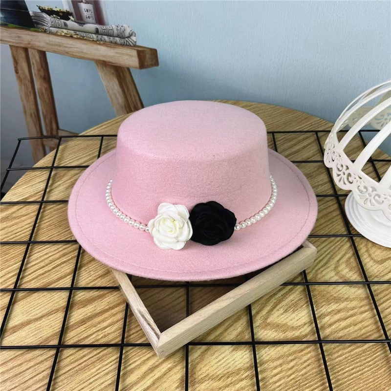 Women's Floral Chain Fedora High Fashion with Pearl Pins Bump Cap Black White Autumen Winter Ladies Fedoras Wide Brim Girl Hat