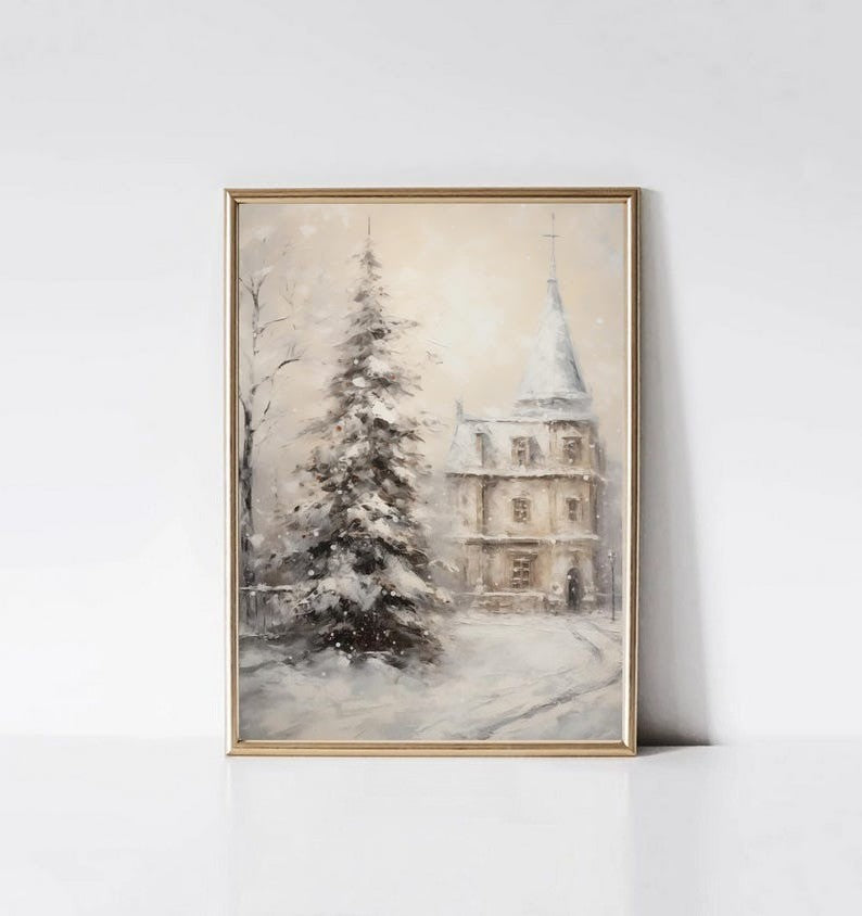 Santa Claus Christmas Tree Canvas Print Snow Landscape Paint Winter Christmas Wall Art Poster for Modern Living Room Home Decor