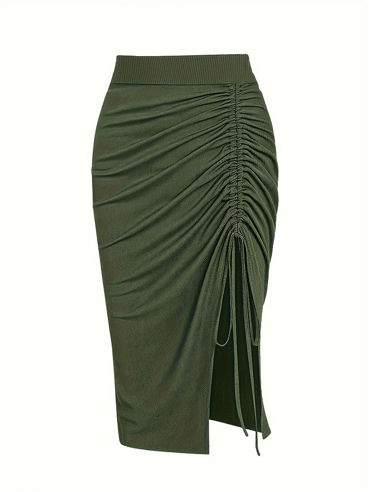 Plus Size 2024 Spring/Summer New Solid Ruched Drawstring Split Skirt, Casual Bodycon Stretchy Skirt For Spring & Summer, Women