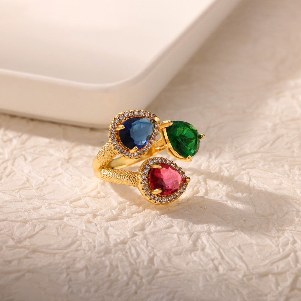 Luxury Stainless Steel Rings Gold Plated Colorful Stone Zircon Crystal Heart Ring For Women Wedding Boho Jewelry Christmas Gift
