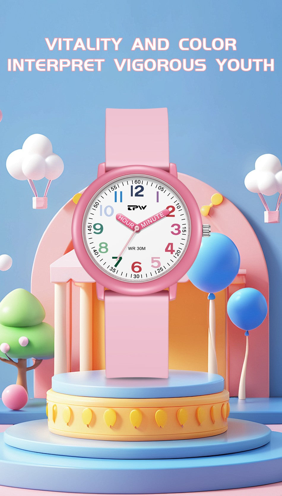 TPW Learning Watch Colorful Dial Cute Watch For Young Ladies Rubber Strap Luminous Hands