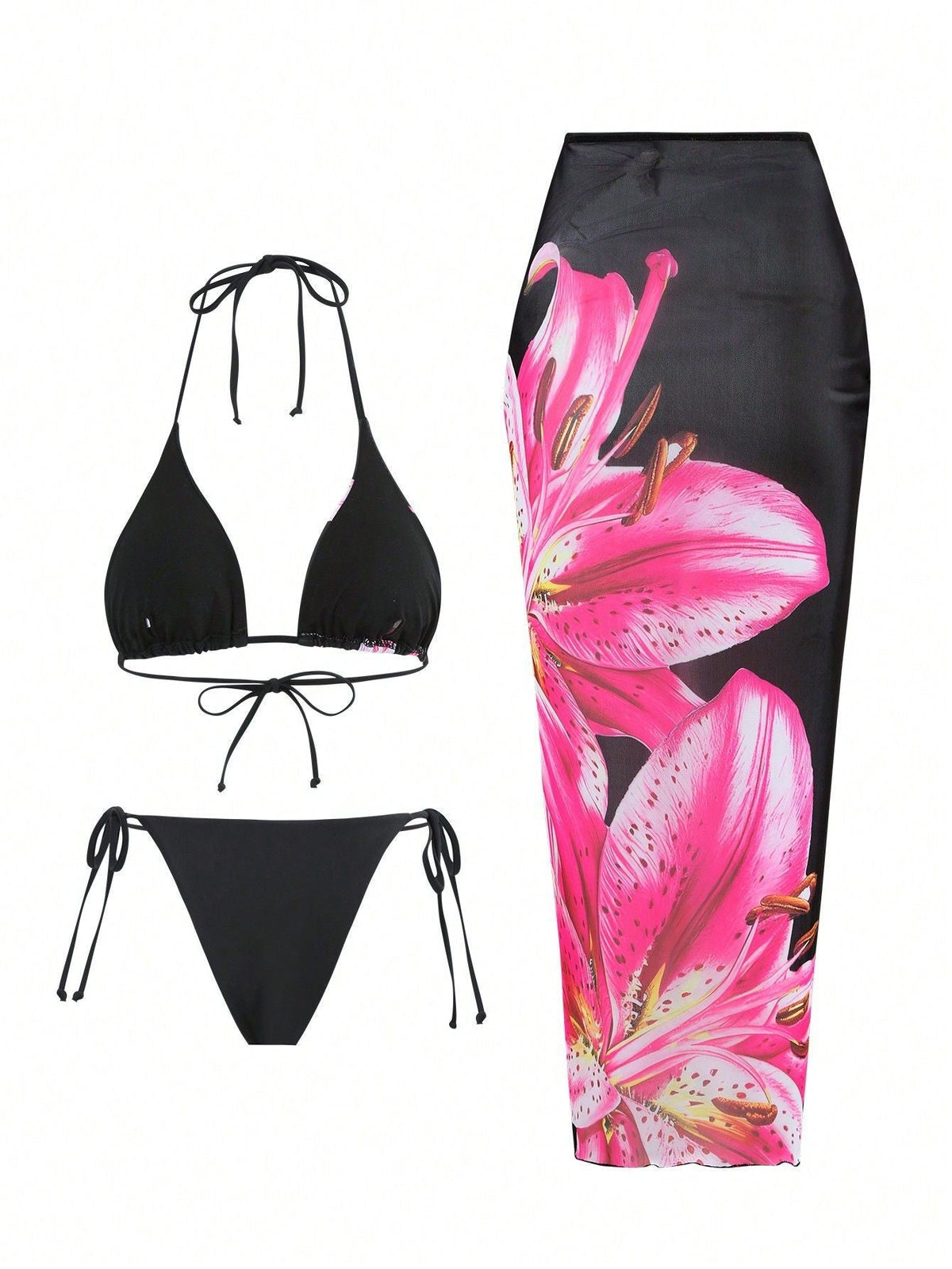 2025 New Flower Print Bikini Set Women's High Waist Long Skirt 3 Piece Swimsuit Sexy Mini Triangle Backless Thong Bathing Suit