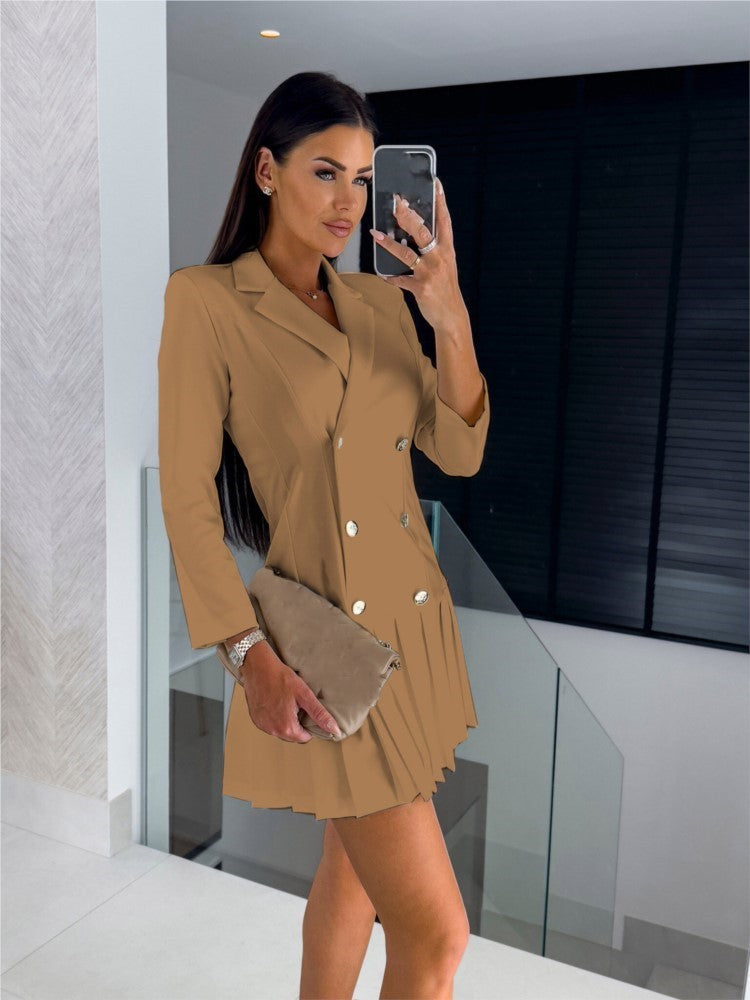 New Autumn Long-sleeve V-neck Slim Pleated Dress For Women Fashion Elegant Casual Solid Button Mini Dresses For Women Robe Femme
