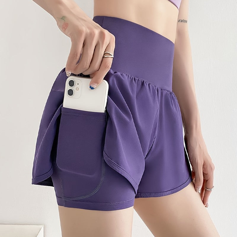 Women's High Waisted Sports Short Yoga Tennis Running Pilates Bottom with Pockets Tight Fitting Fake Two Pieces Sports Pants