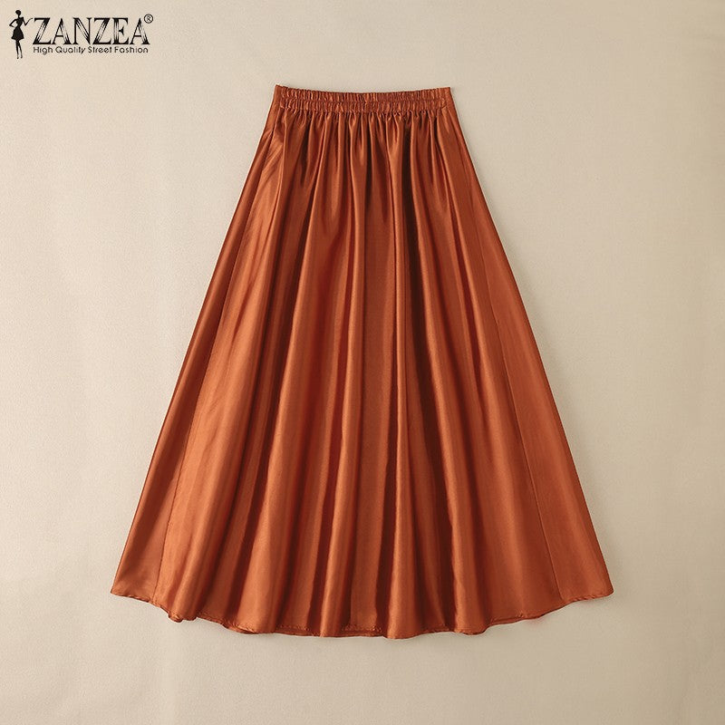 2025 Stylish Autumn High Waist Party Satin Skirts ZANZEA Women Jupe Plus Size Solid A-line OL Work Faldas Saia Maxi Long Skirt