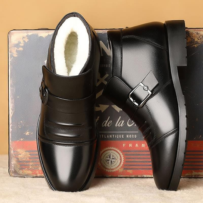 Snow Boots for Men Leather Black British Style Winter Shoes Man Casual Thick Plush Work High Quality Anti Slip Fleece Fashion
