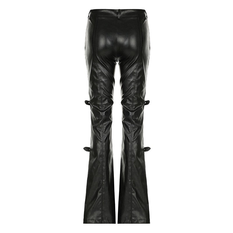 PU Leather Flare Pant Goth Buckle Lace Patchwork Pants Women Fashion Y2K Streetwear Vintage Aesthetics Casual Pants Trousers