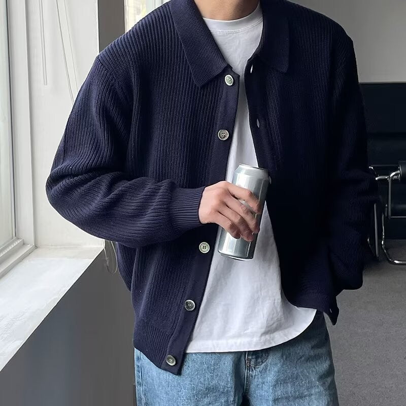 Autumn Winter Men's Knitwear Cardigan Sweater Male Solid Color Turn-Down Collar Sweater Coats Y2K Hip-Hop Streetwear Cardigan