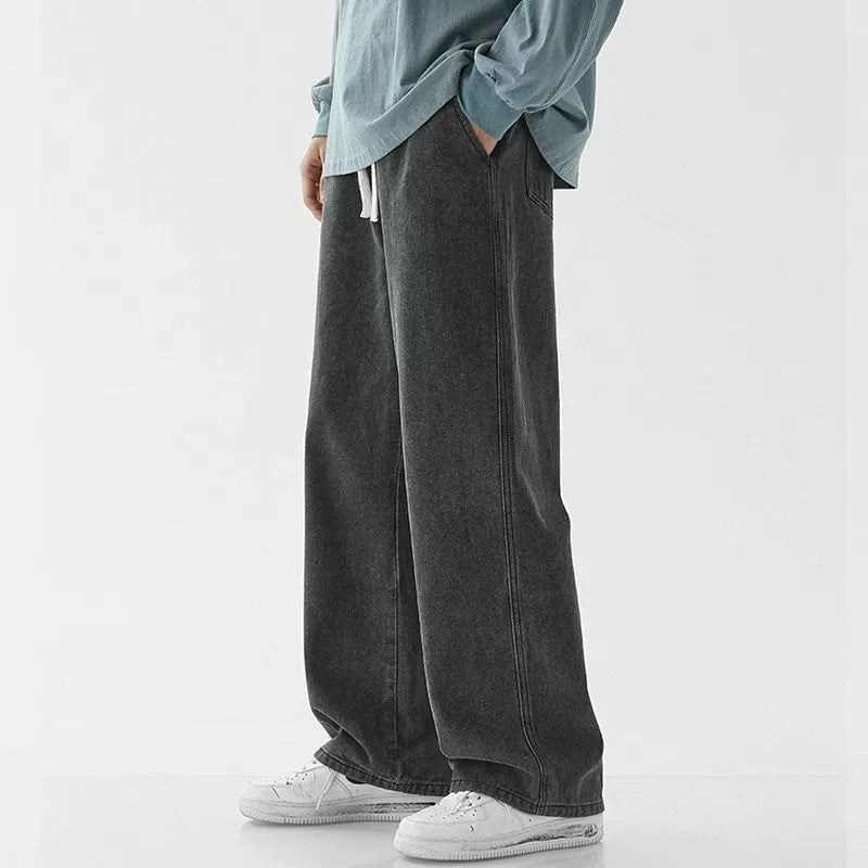 Casual Outdoor Men's Jeans Elastic Waist Loose Fit Long Pants Spring Autumn Workwear Comfortable Straight Leg Blue Denim