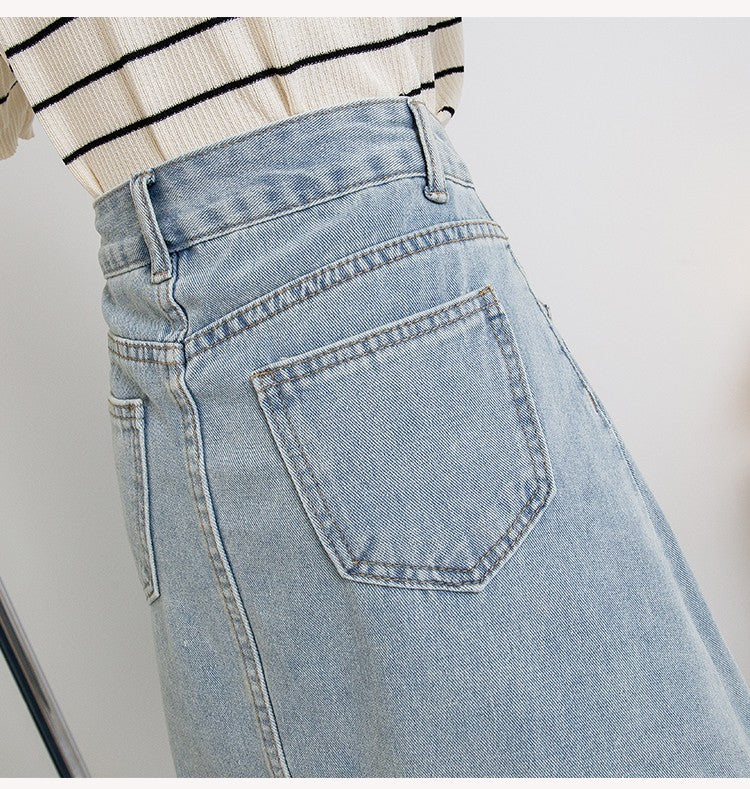 Plus Size Denim A Line Skirt With Lining 2024 Summer New Korean Fashion Pleated Midi Jean Skirt Woman Blue Color Jeans Skirts
