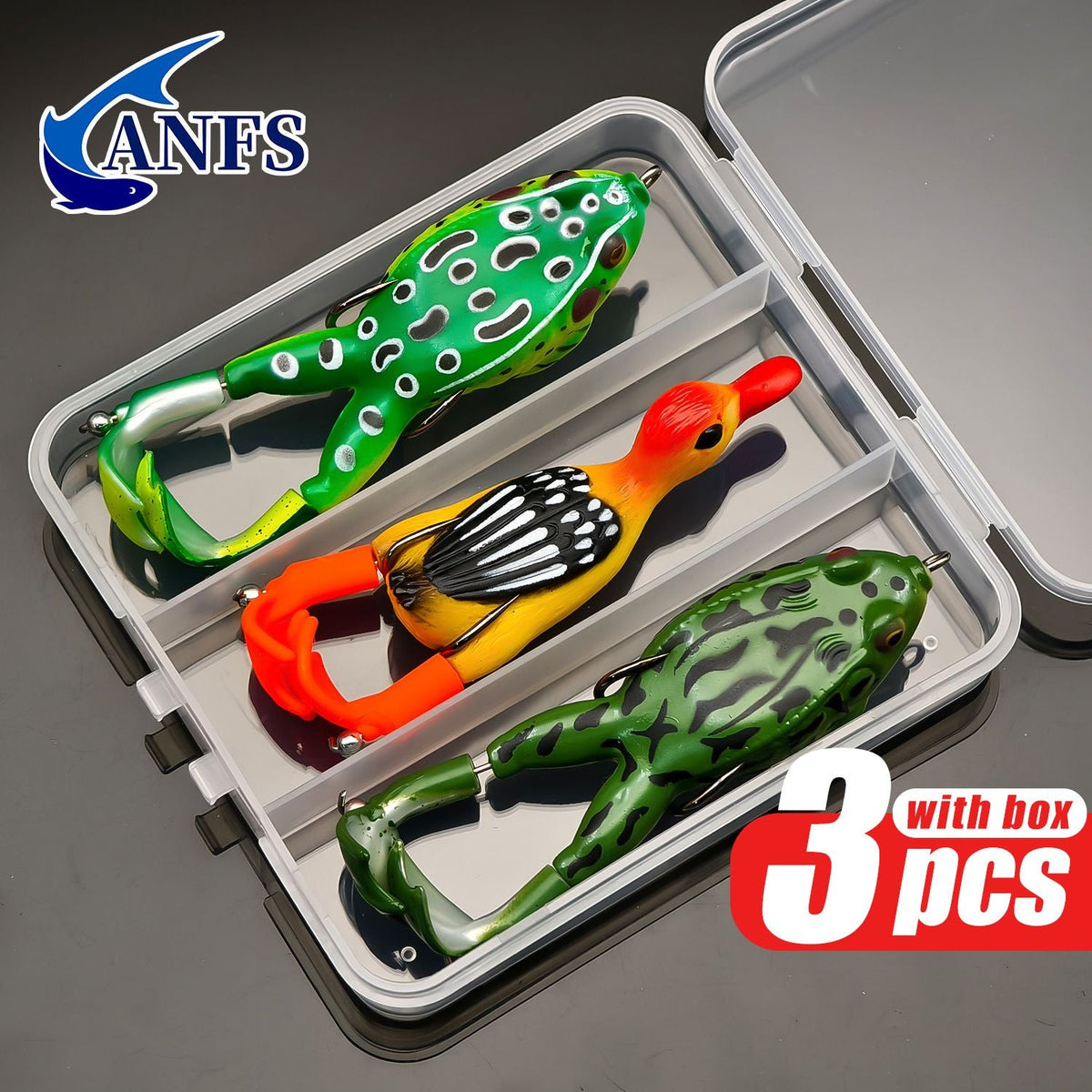ANFS 3pcs Premium Frog- Duck Shaped Fishing Baits with Storage Box -Soft Lure For Topwater Freshwater Fishing