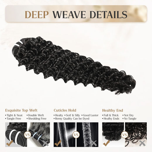 Wacur 12A Deep Wave Bundle real Human Hair Braided Extension 12-30Inches Natural Black 100% Virgin Remy Hair Extension for woman