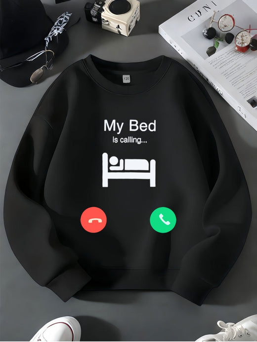 Girls Boys "My Bed Is Calling" Graphic Sweatshirt Pullover with Phone Call Design Funny Clothing Kids Fashion Casual Sweater