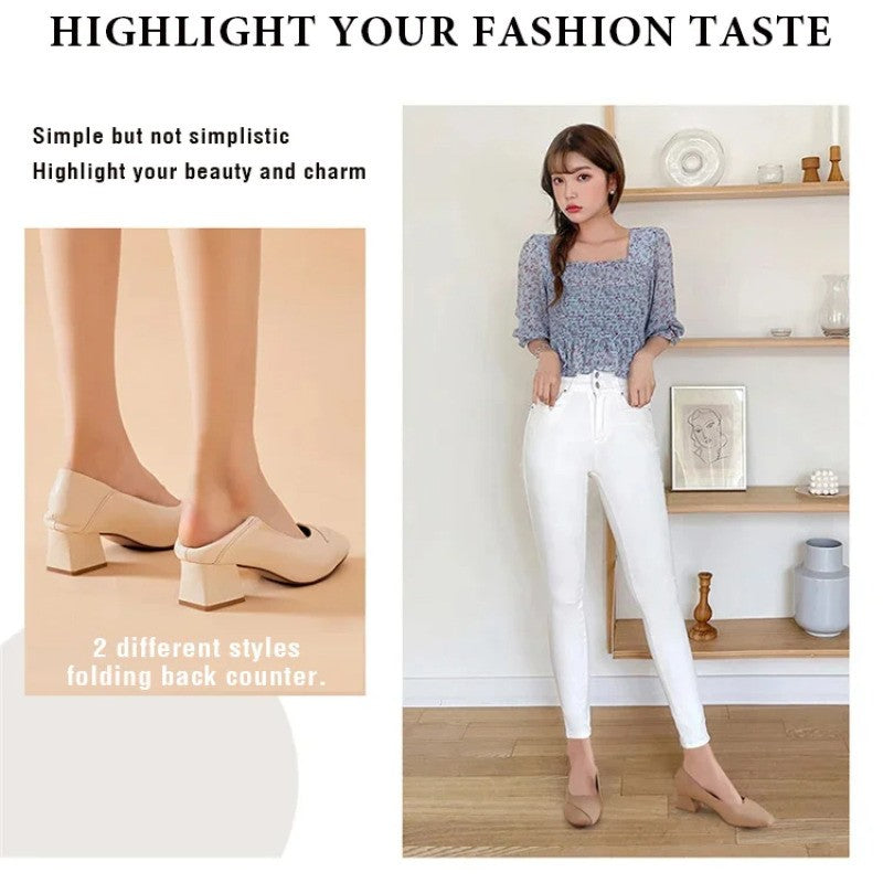 Four Seasons Shoes Soft Bottom Middle-aged Women's Shoes Chunky Heeled Mom Shoes Comfortable Casual Work Leather Shoes