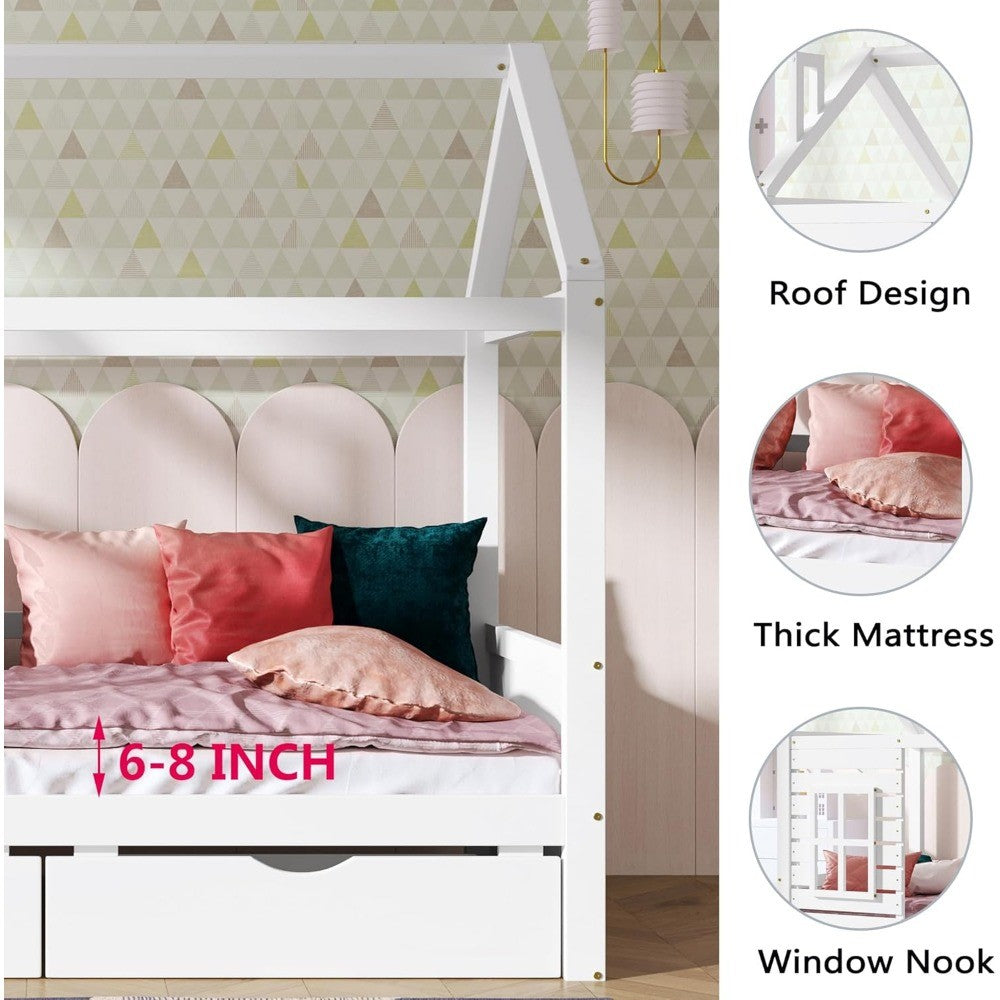 Aoowow Twin Size Kids House Bed with 2 Drawers, Wooden Twin Bed Frame with Window and Roof for Bedroom, Modern Twin Size Kid Pla