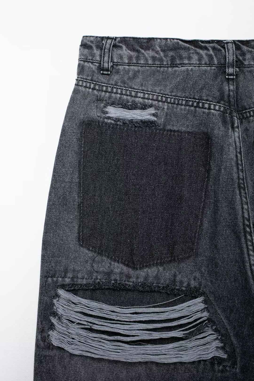 HH 2024 Women's Street Fashion Denim Blue Jeans Distressed Patchwork High Waist Zipper Fly Ripped Retro Long Pants