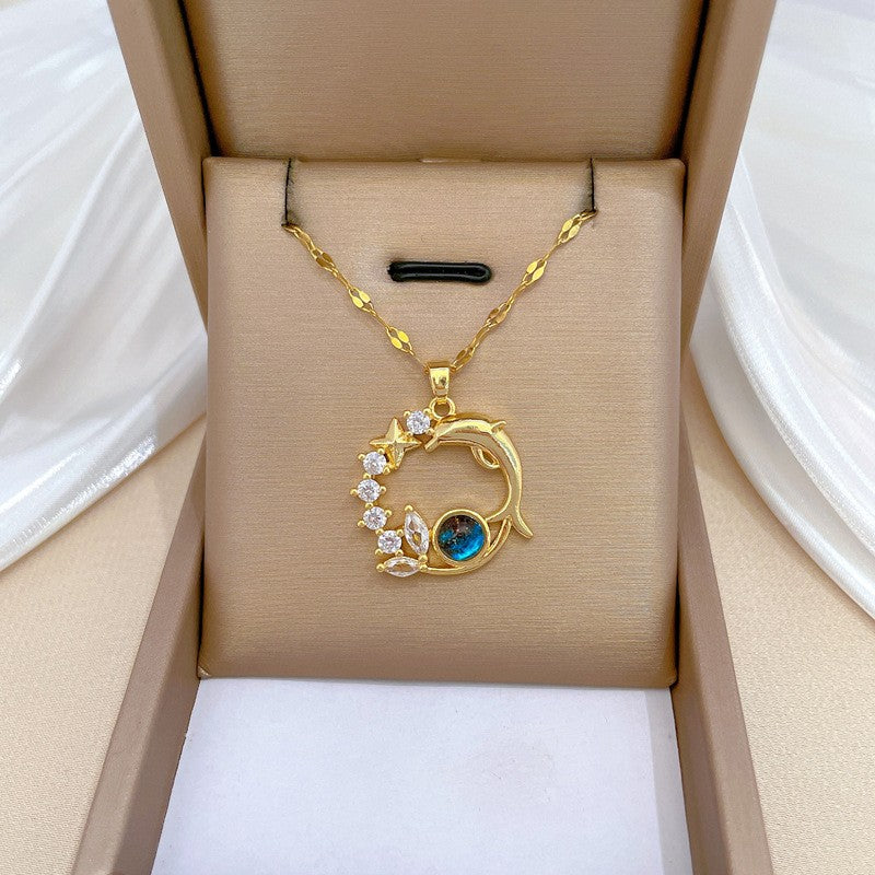 Exquisite Dolphin Star Blue Crystal Pendant Necklace For Women Fashion Personalized Daily Accessory Party Jewelry Birthday Gifts
