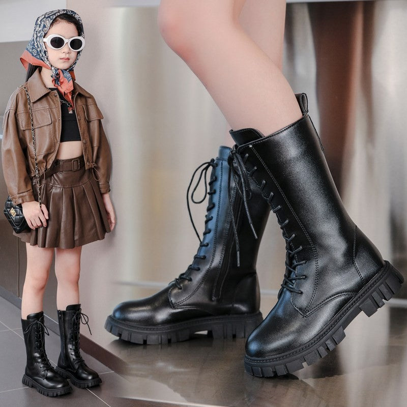 2025 Autumn/Winter Fashion Cool Baby Girls Warm Square Heel Round Toe Casual Lace-Up Comfortable Kids Black Mid Boots